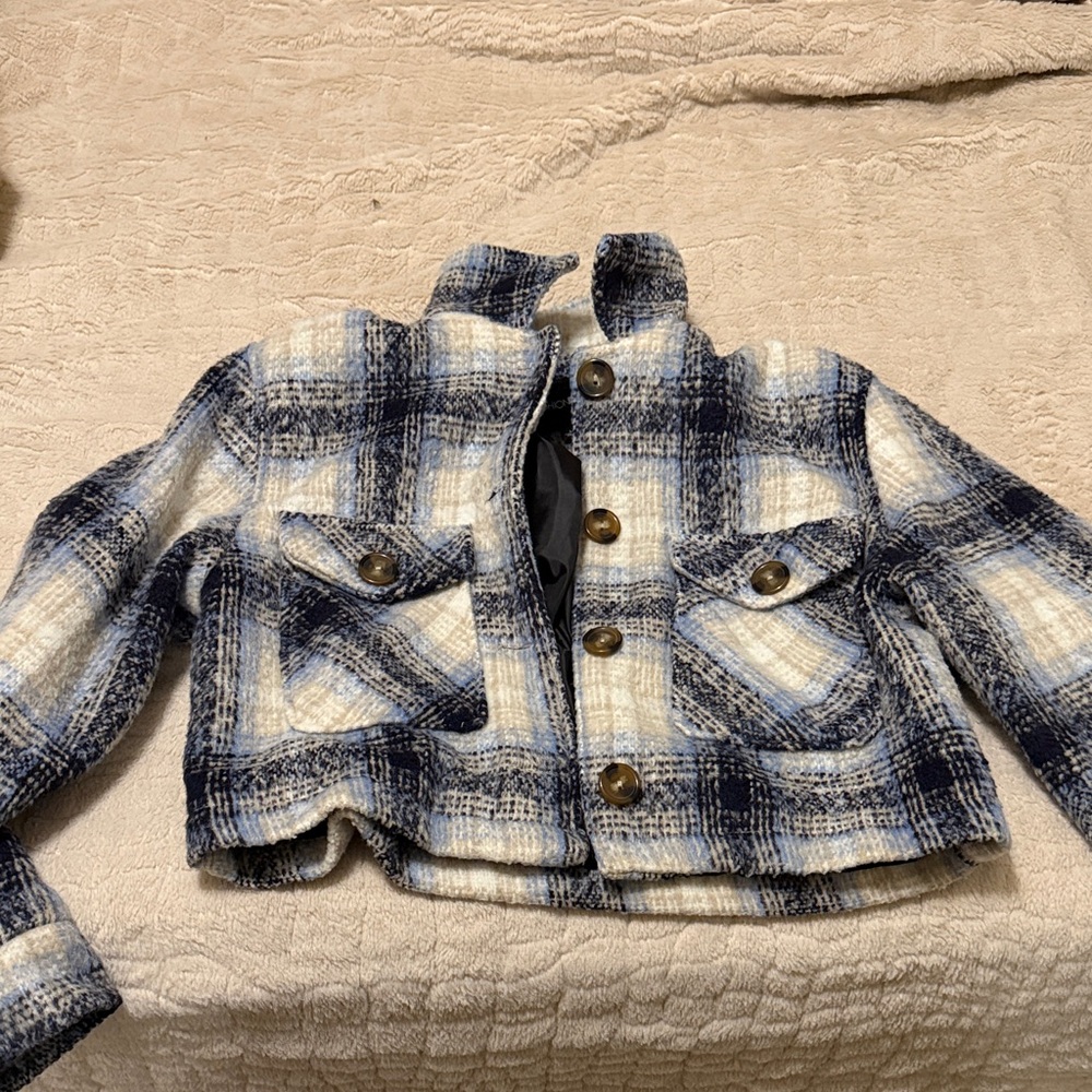 Plaid Button Up Jacket in Blue and Cream